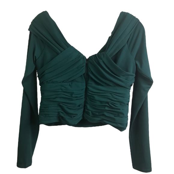 Self-Portrait Blouse Womens 10 Green Gathered Top Long Sleeves V-Neck Back Zip - Picture 2 of 12